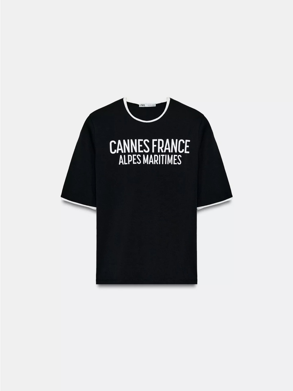 Zara Black Muscle Tee with White Trim and Cannes France Print